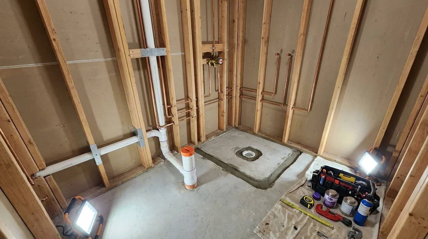 Bathroom rough-in plumbing during remodel by Johns Plumbing LLC in Mars