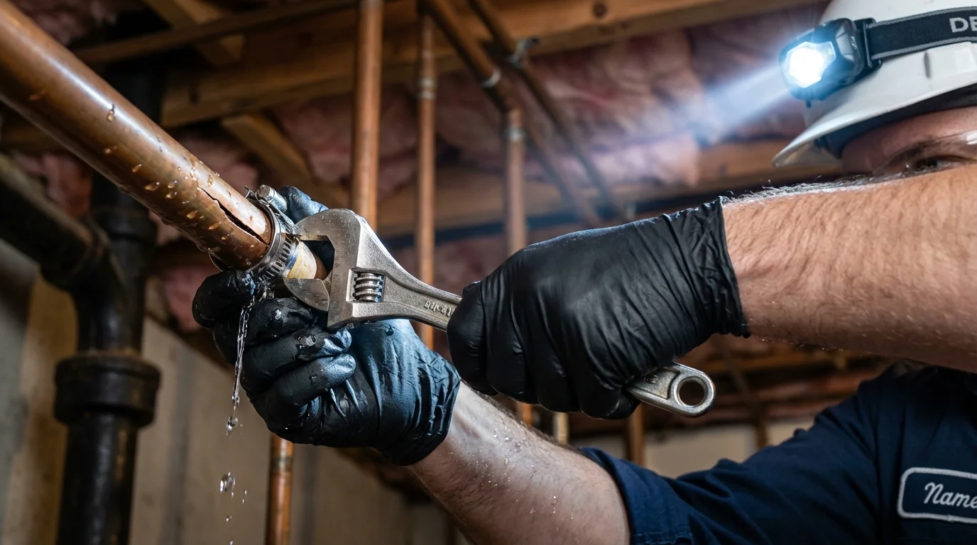 Emergency pipe clamp repair being performed by a Johns Plumbing LLC plumber in Mars