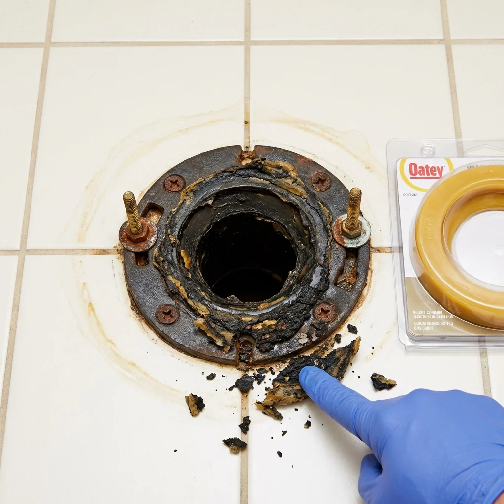 Failed wax ring showing water seepage at the base of a toilet in a Mars, PA home