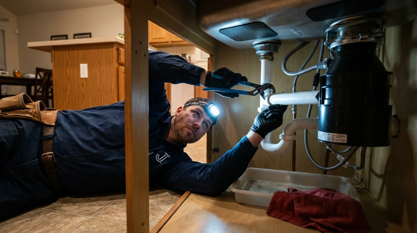 P-trap and supply line connections under a kitchen sink showing a common leak point in Mars, PA